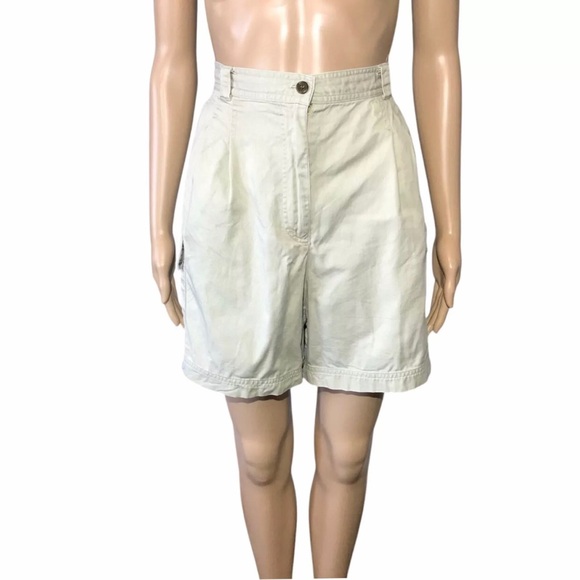 VINTAGE RAFAELLA Tan 100% Cotton Pleated High Waist Zip-Fly Cargo Bermuda Shorts - Picture 1 of 8